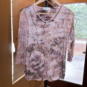 Christopher & Banks Pink Blush Flower Print W/ Lace & Studs LS Top Size Small